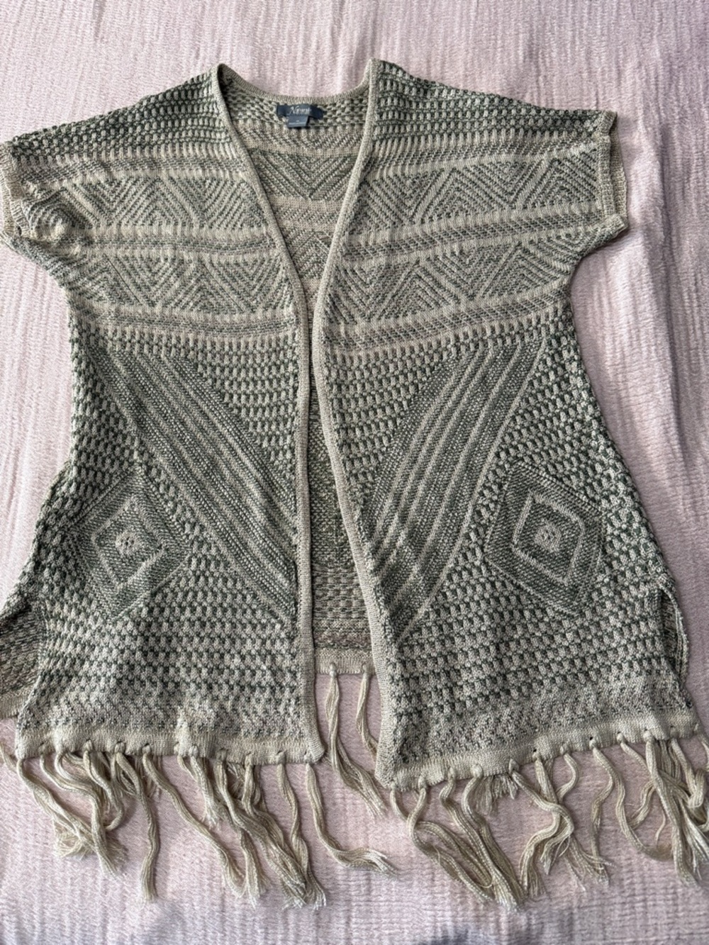 Open-Front Fringe Knit Cardigan Sweater - Green/Beige